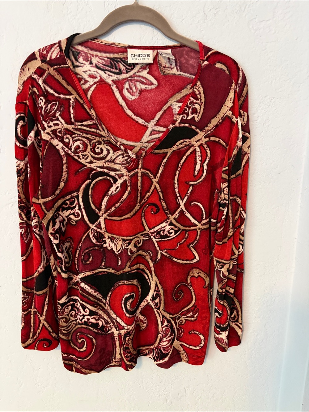 Chico's Red and Black Swirl-Print V-Neck Long Sleeve Top